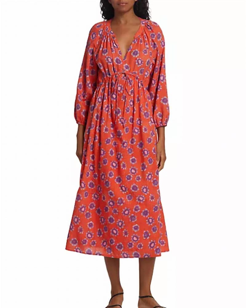 Front of a model wearing a size LARGE Liv Dress in Orange Poppy in Orange Poppy by XIRENA. | dia_product_style_image_id:336116